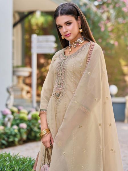 Beigh Color Heavy Pure Simar Organza Embroidery Dhoti Style Readymade Suit